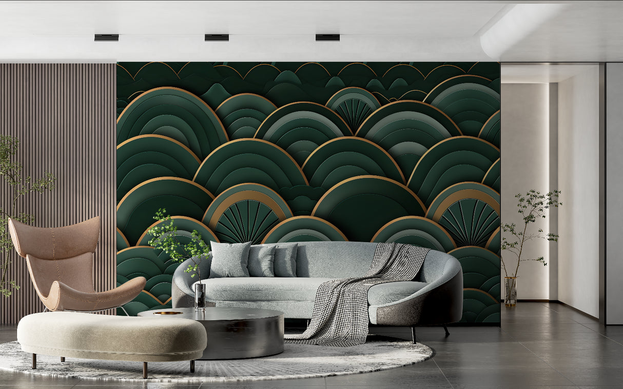 Elegant dining room featuring green and gold geometric wallpaper with crystal chandelier