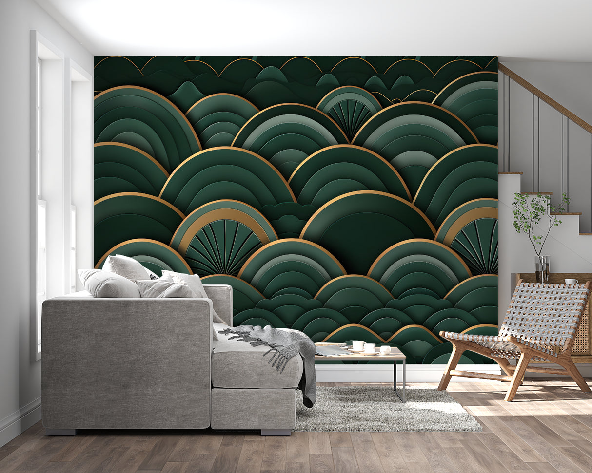 Art deco wave pattern wallpaper in hotel lobby with emerald velvet furniture