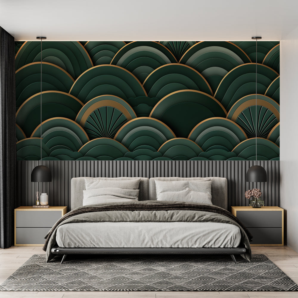 Green and gold art deco wallpaper in master bedroom with brass bed frame