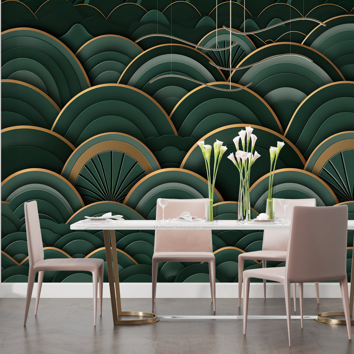 Luxury bathroom with green geometric wallpaper and gold fixtures