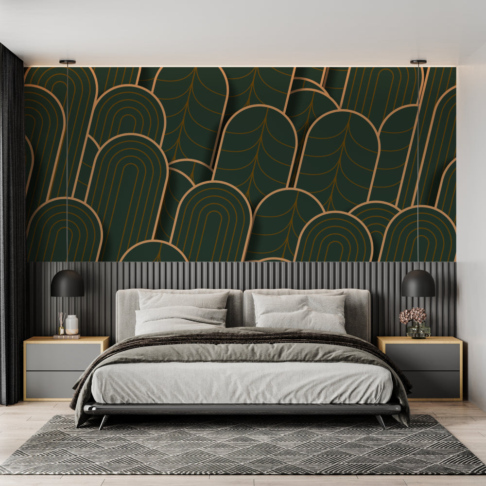 Art deco geometric wallpaper in modern living room, green and gold pattern creating depth against white furniture