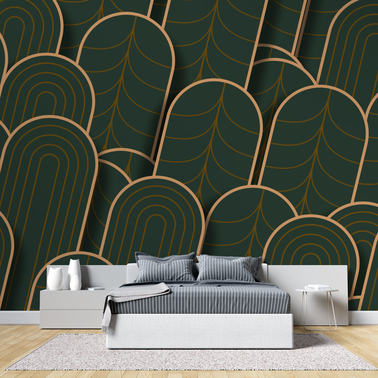 Geometric art deco wallpaper in master bedroom, green and gold creating elegant atmosphere