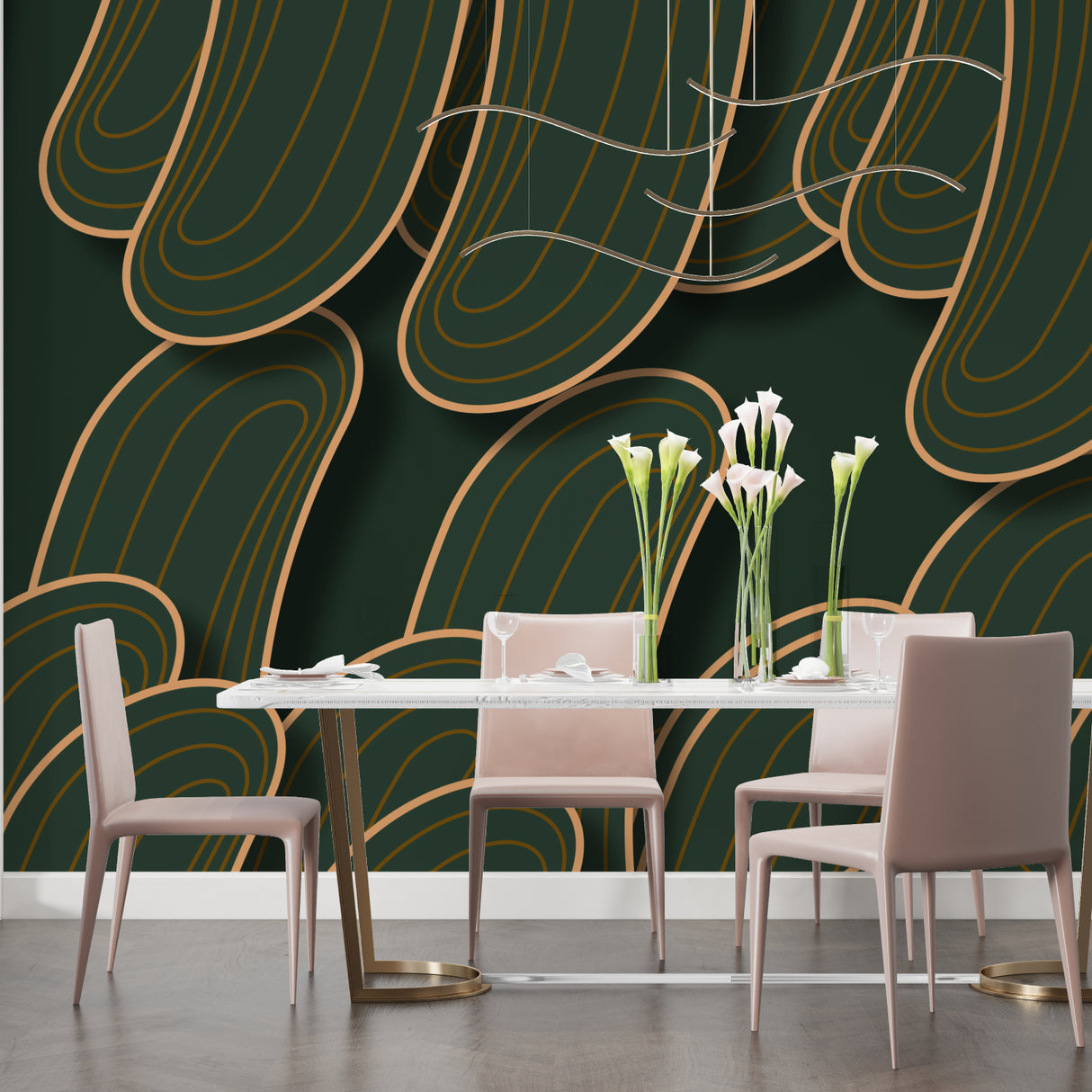 Art deco geometric wallpaper in modern dining room with golden accent lighting