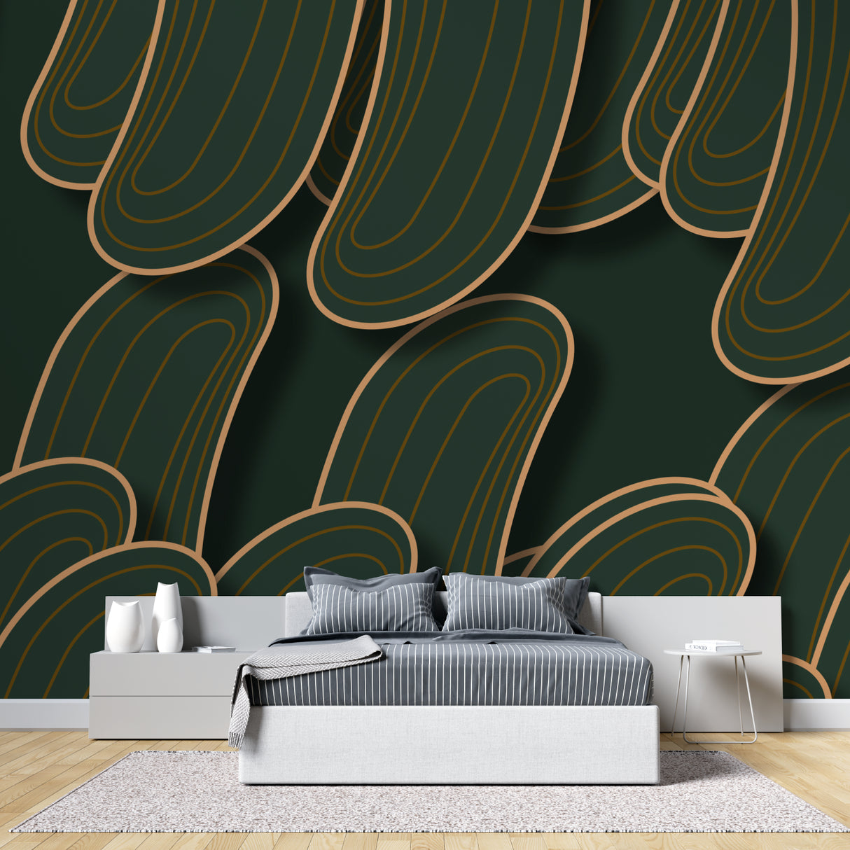 Green and gold art deco wallpaper creating depth in master bedroom