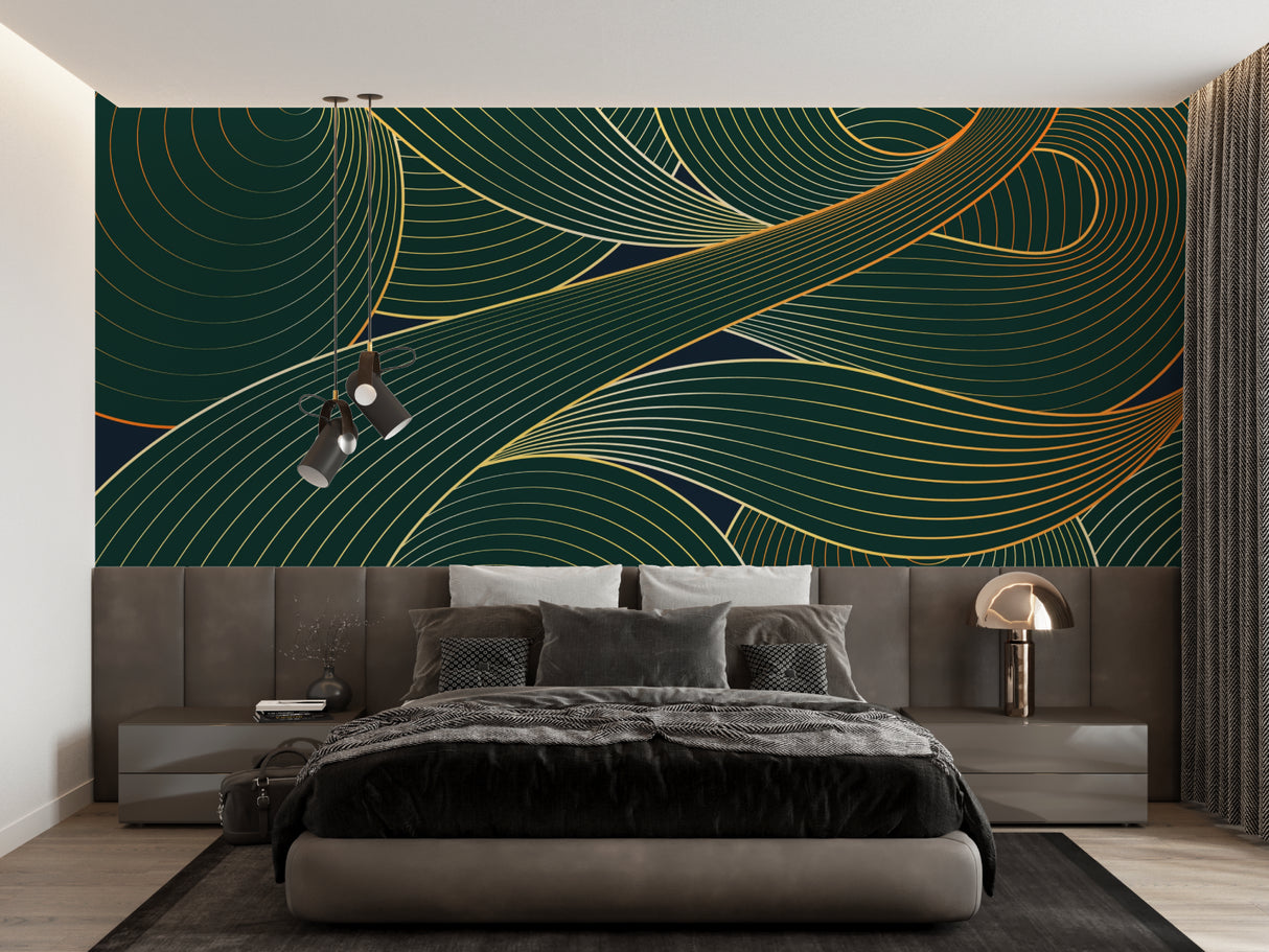 Art deco wave wallpaper in emerald and gold creating drama in a modern living room setup