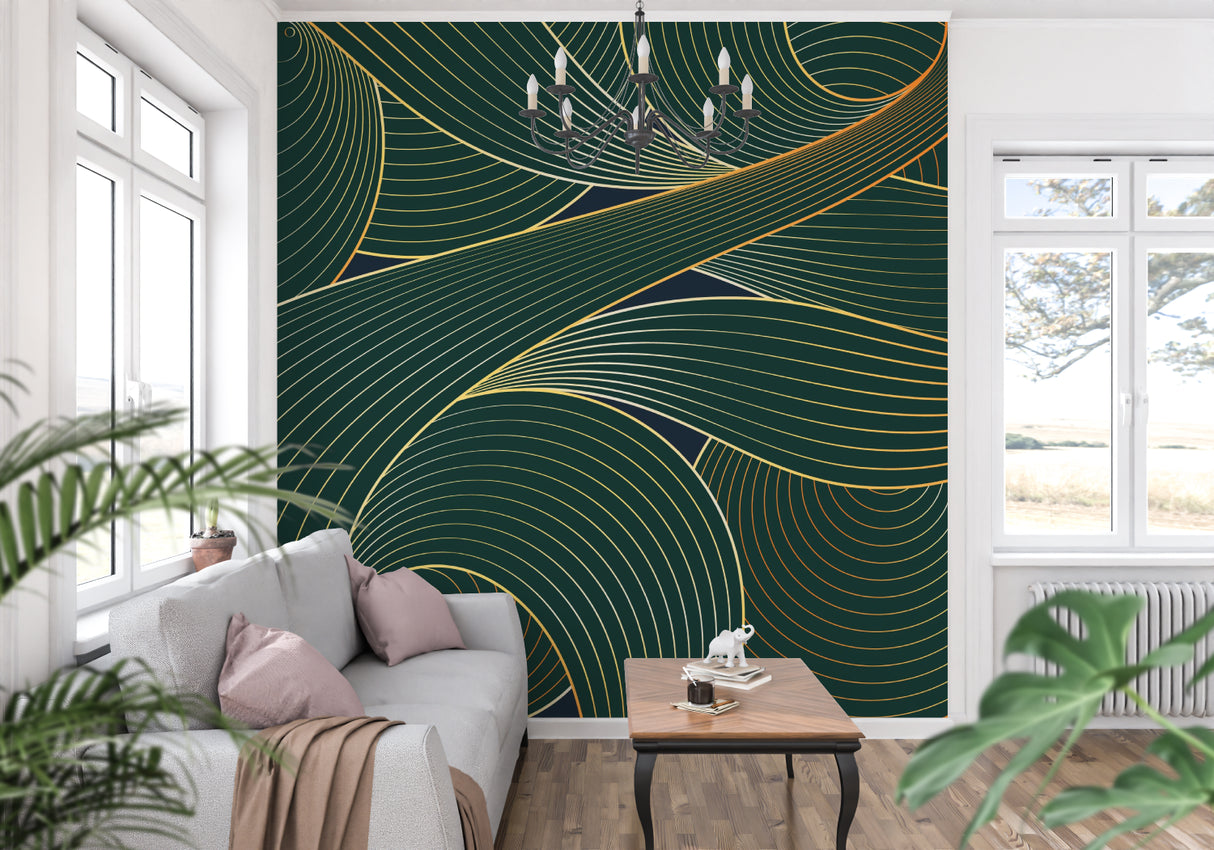 Green and gold geometric wallpaper bringing luxury to a dining room setting