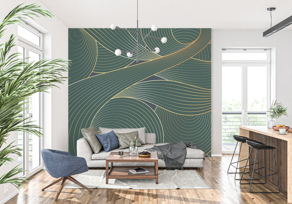Art deco pattern wallpaper showcased in a stylish home office space