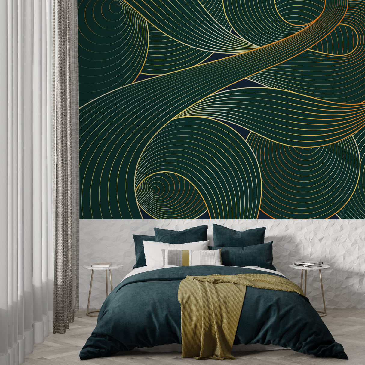 Elegant wave pattern mural making a statement in master bedroom