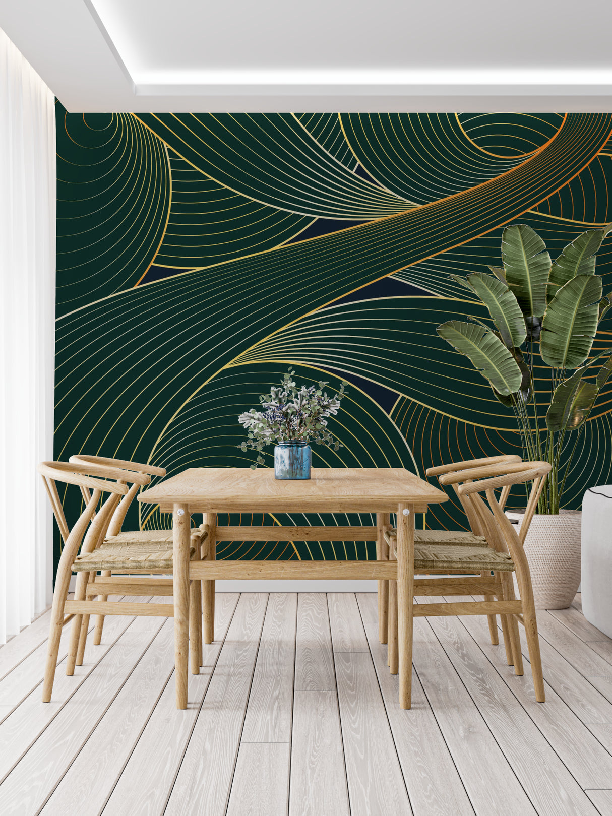 Green and gold art deco wallpaper adding sophistication to an entrance hall