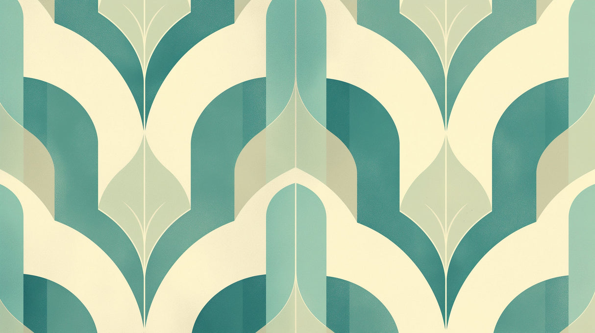 Art deco geometric leaf wallpaper creating an elegant atmosphere in a modern living room with green accents