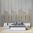 Art deco grey and gold geometric wallpaper in modern dining room with crystal chandelier