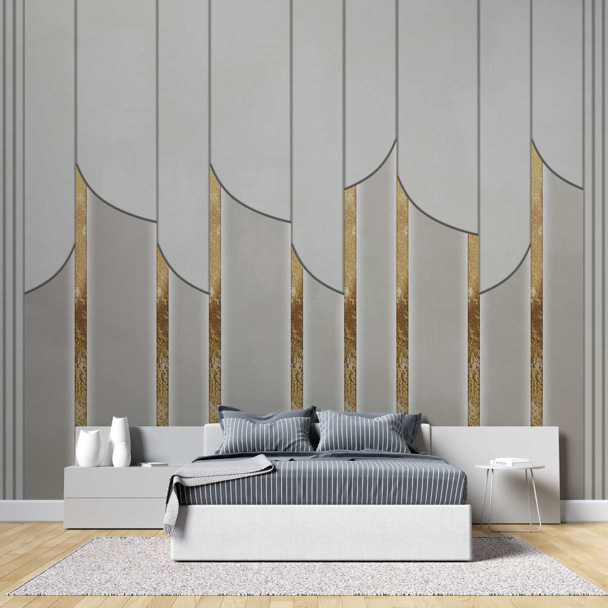 Art deco grey and gold geometric wallpaper in modern dining room with crystal chandelier
