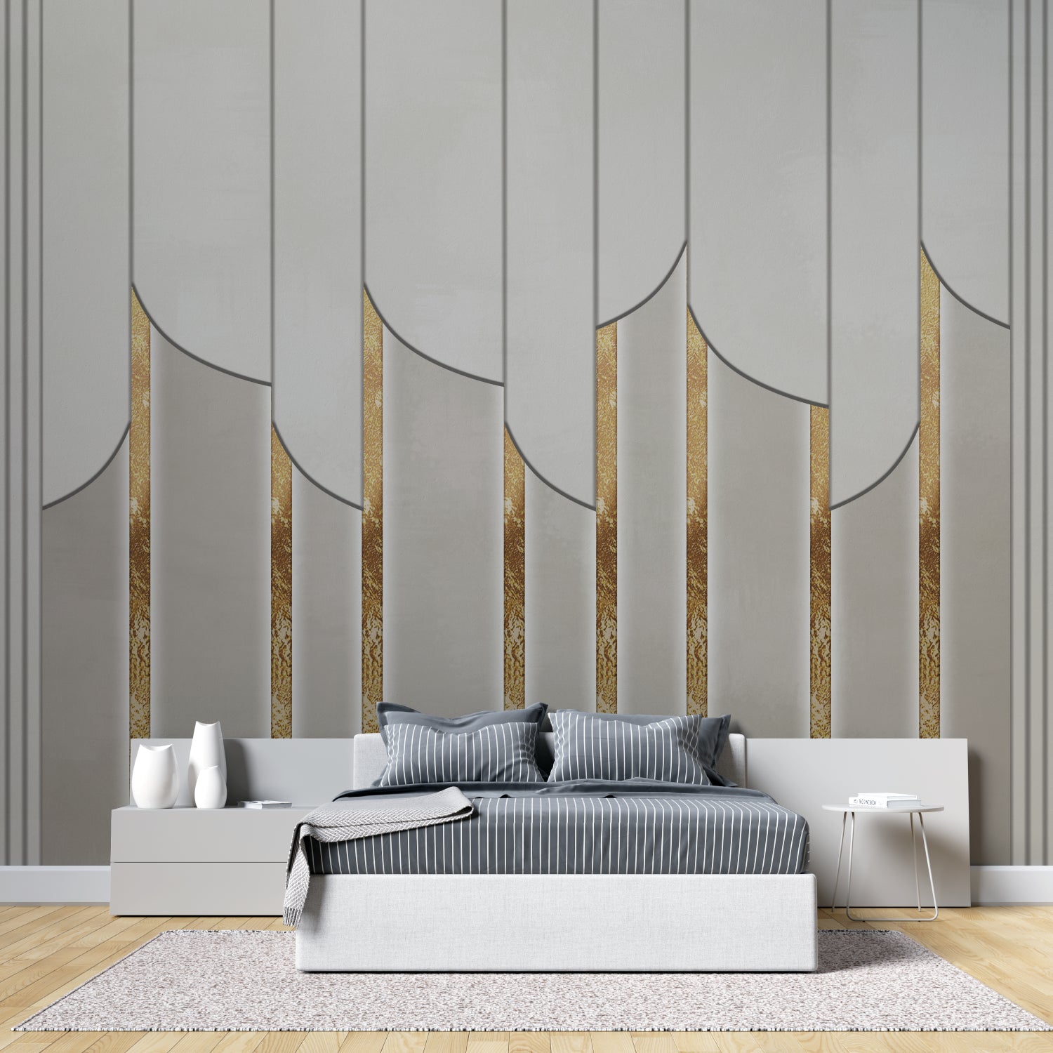 Art deco grey and gold geometric wallpaper in modern dining room with crystal chandelier