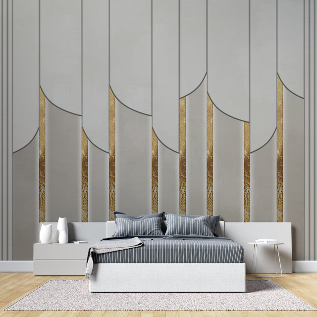 Art deco grey and gold geometric wallpaper in modern dining room with crystal chandelier