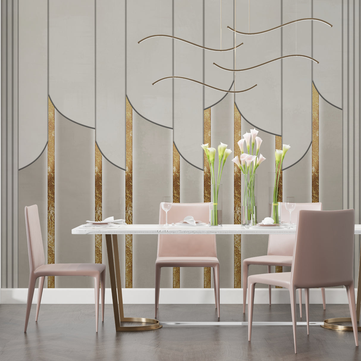 Grey and gold geometric wall mural in luxury master bedroom setting