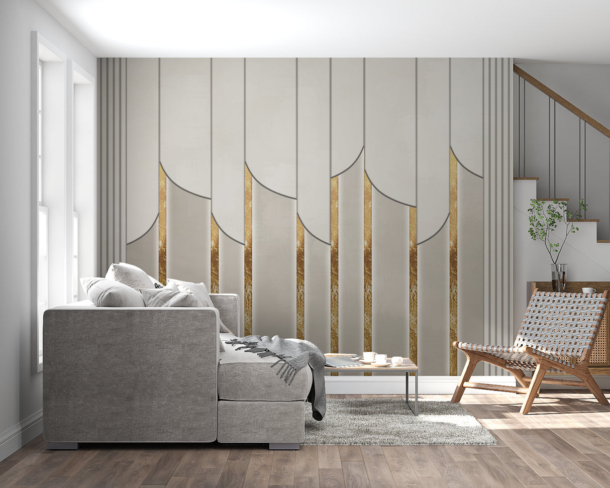 Art deco wallpaper with gold accents in contemporary living room