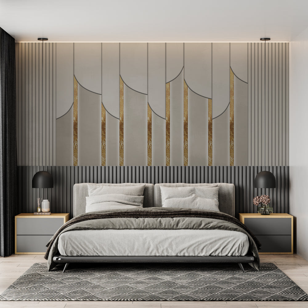 Modern geometric grey and gold wallpaper in hotel lobby setting