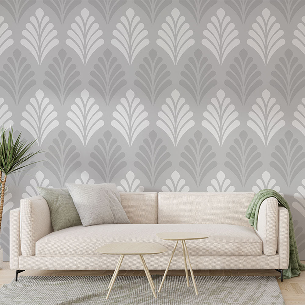 Art Deco fan pattern wallpaper in pearl grey shown in a modern dining room with crystal chandelier
