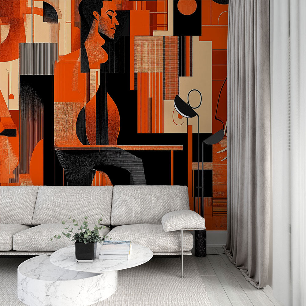 Art Deco jazz music wallpaper creating dramatic impact in a modern living room with orange and black geometric patterns