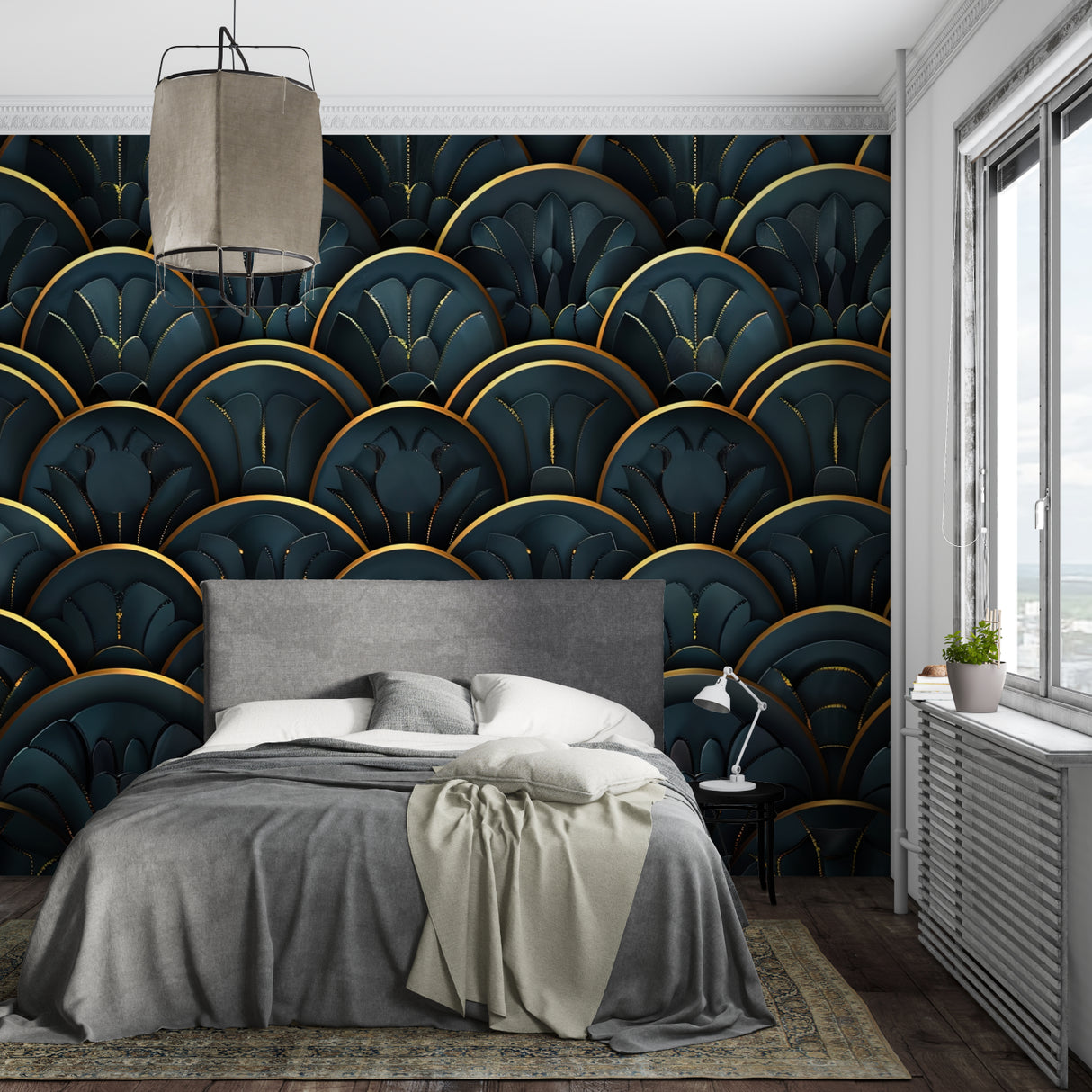 Art deco feather wallpaper in an elegant dining room with gold accents catching evening light