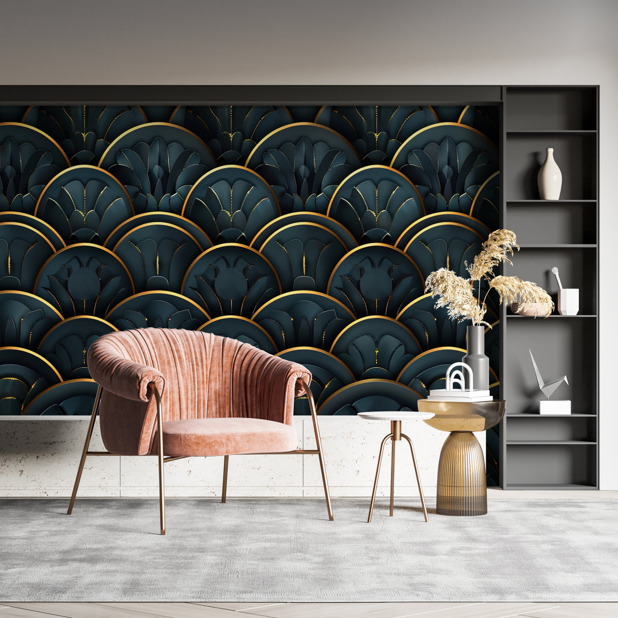 Luxury master bedroom featuring midnight blue and gold art deco wallpaper with feather pattern