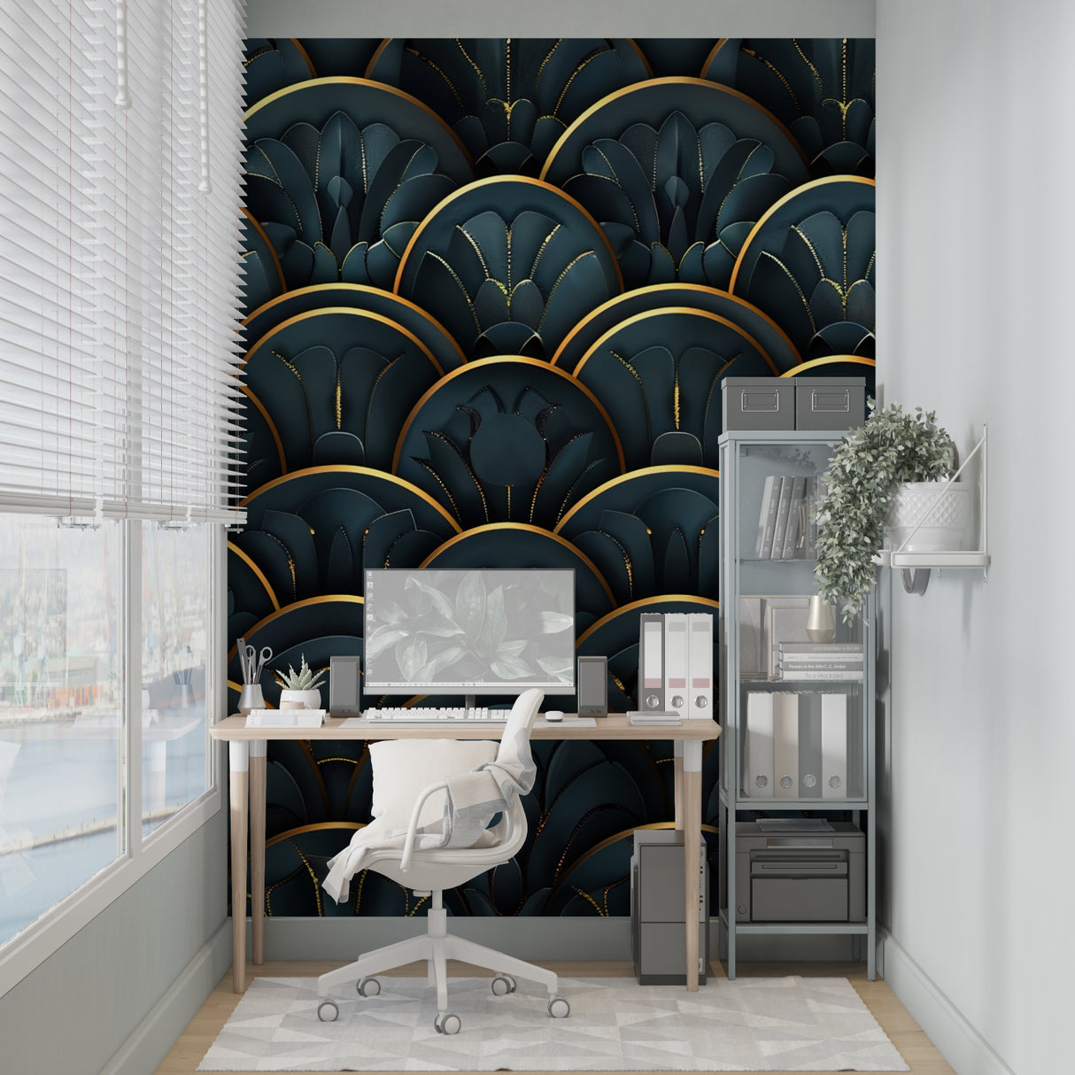 Home office wall with art deco feather mural creating a sophisticated backdrop