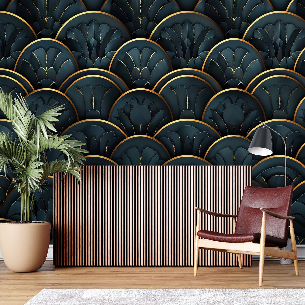 Modern living room showcasing art deco wallpaper with deep teal and gold feather design