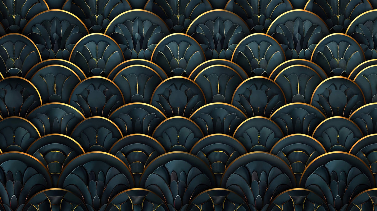 Art deco feather pattern design file showing intricate gold details on midnight blue background