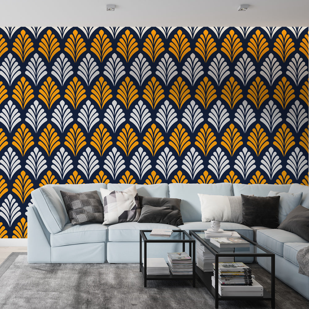 Navy and gold Art Deco geometric wallpaper creating a stunning feature wall in a modern dining room with ambient lighting