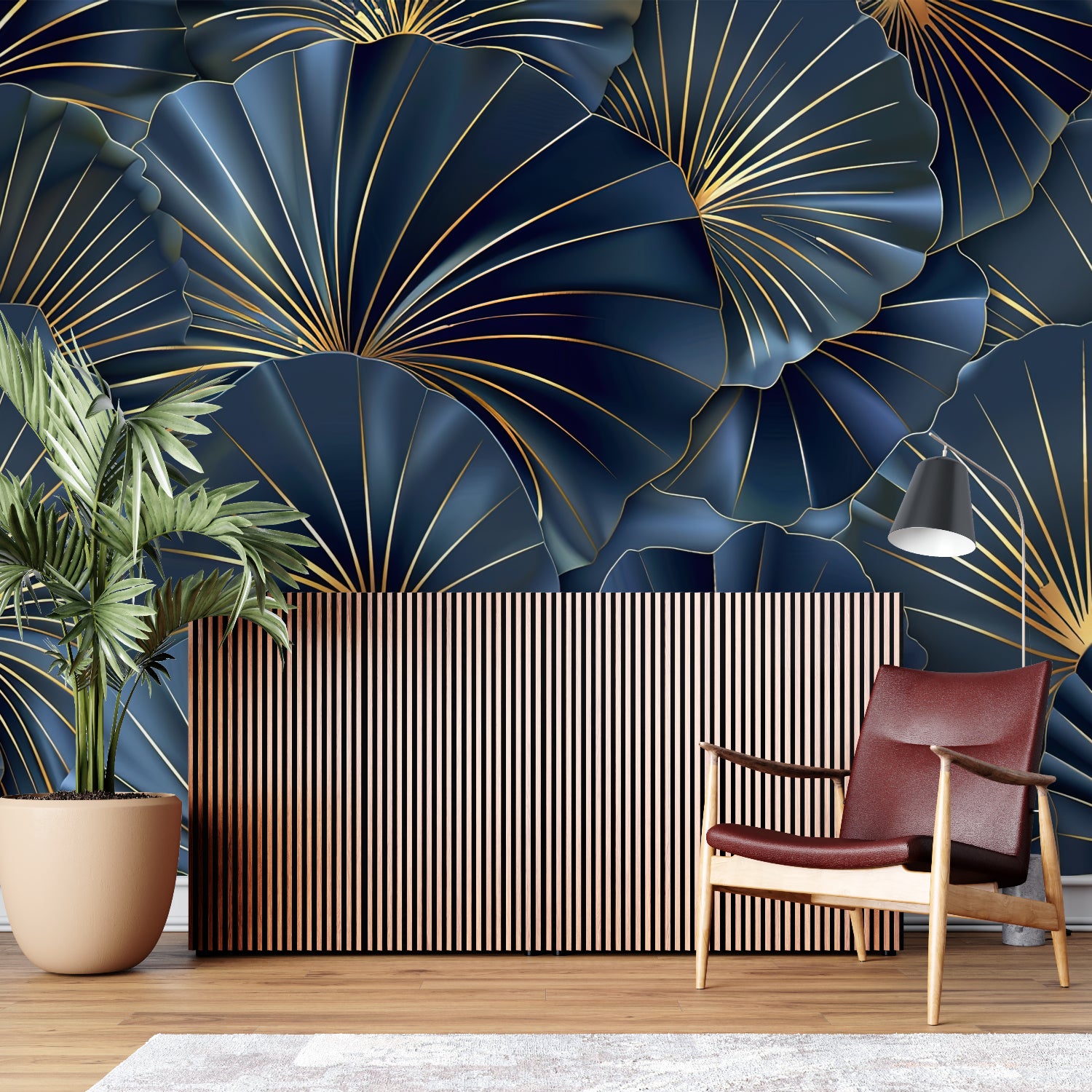 Navy and gold geometric wallpaper creating drama in an elegant dining room