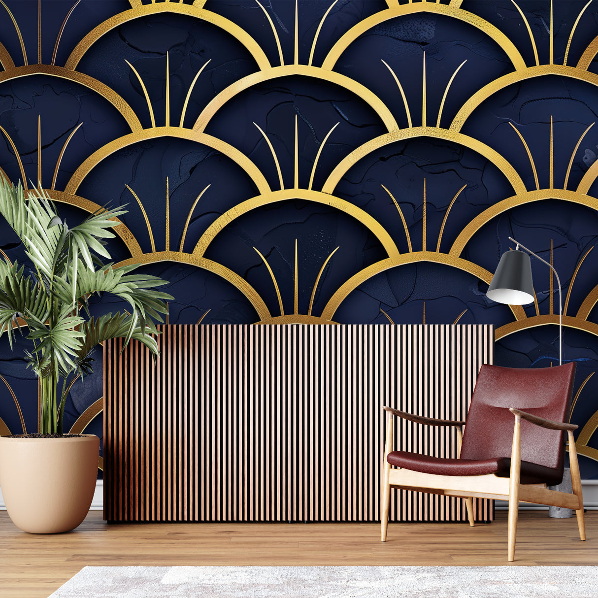Navy blue and gold Art Deco fan pattern wallpaper in modern dining room with crystal chandelier