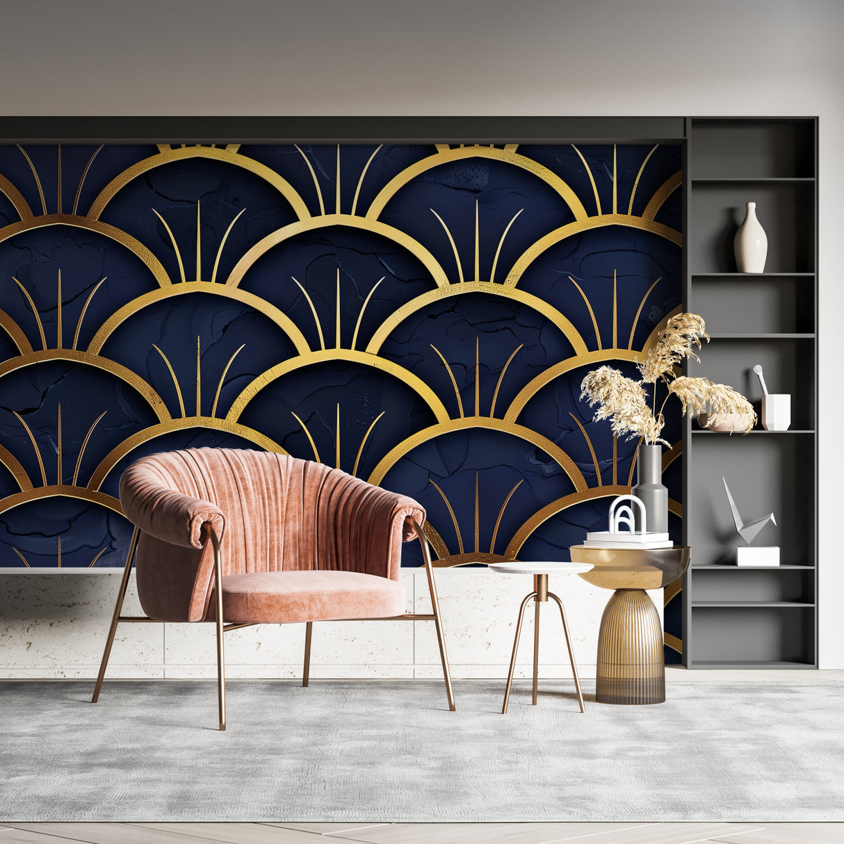 Art Deco wallpaper with gold fan design in luxury master bedroom setting