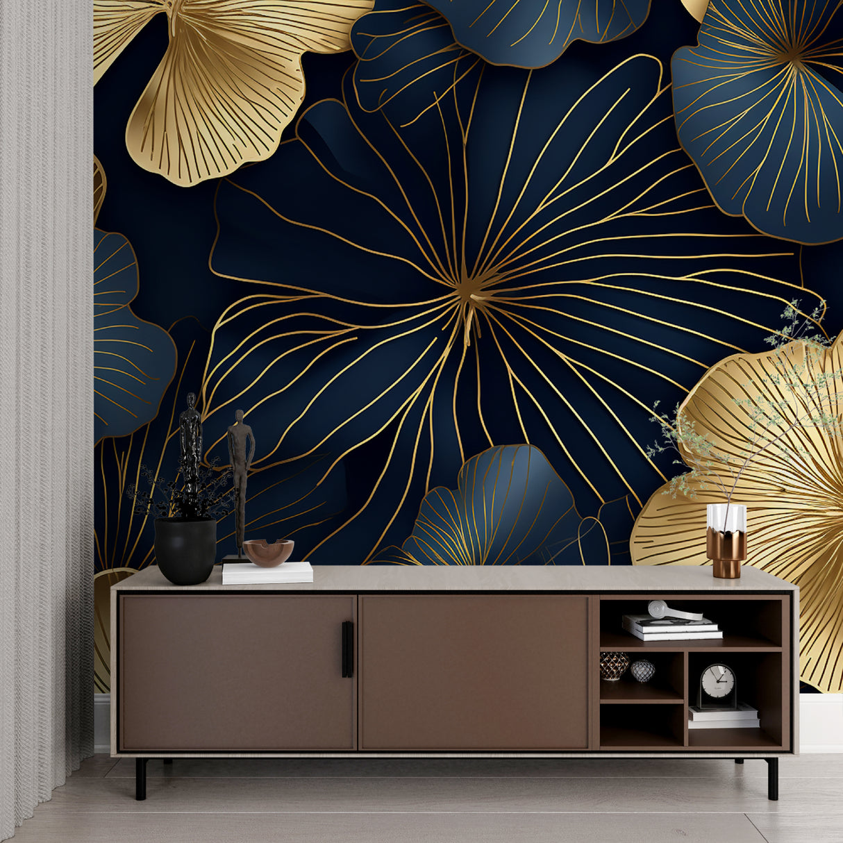 Navy blue and gold Art Deco floral wallpaper in modern living room with velvet furniture