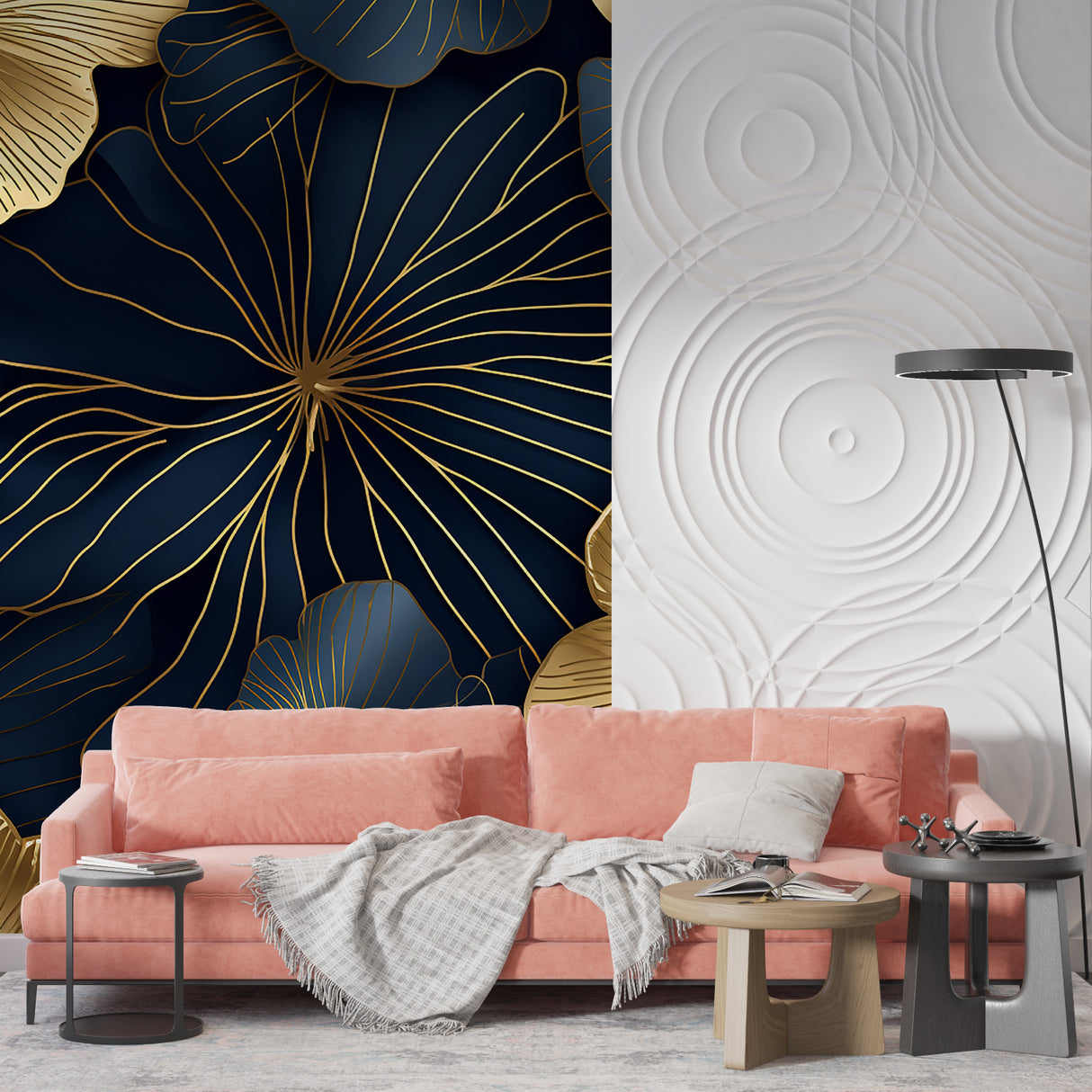 Art Deco navy and gold floral wallpaper creating drama in master bedroom