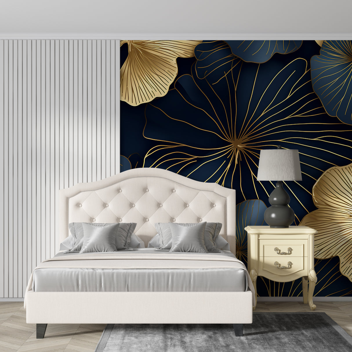 Gold floral Art Deco wallpaper on navy background in elegant dining room