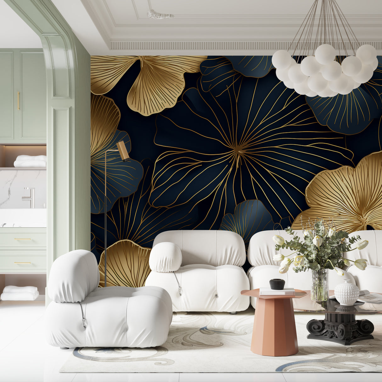 Navy and gold Art Deco wallpaper making statement in home office