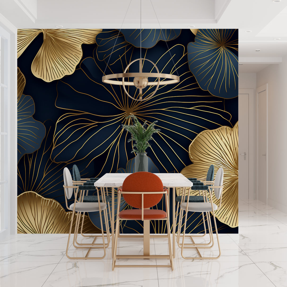 Art Deco floral pattern wallpaper enhancing luxury bathroom design