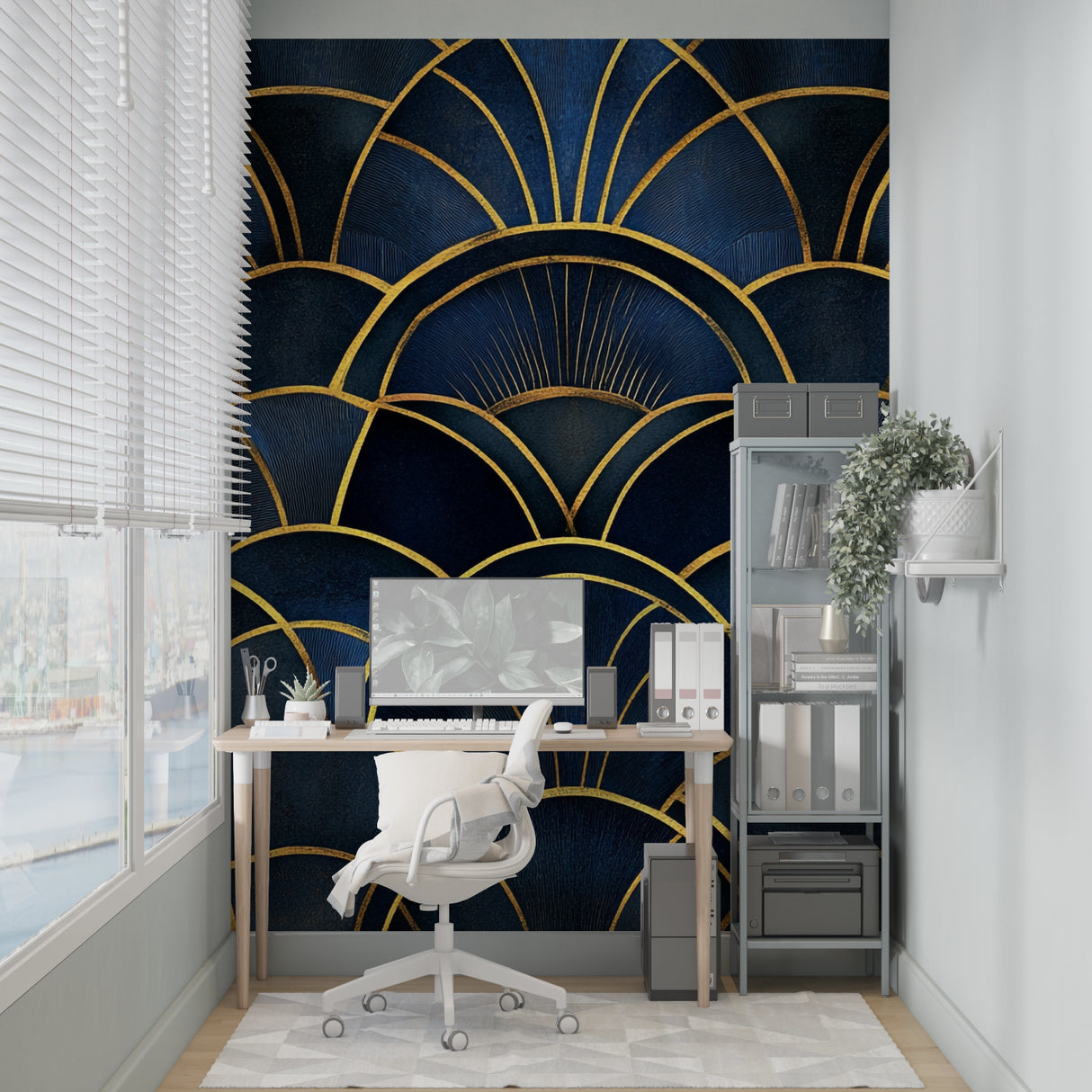 Art deco geometric wallpaper in modern dining room with navy blue and gold pattern creating dramatic backdrop