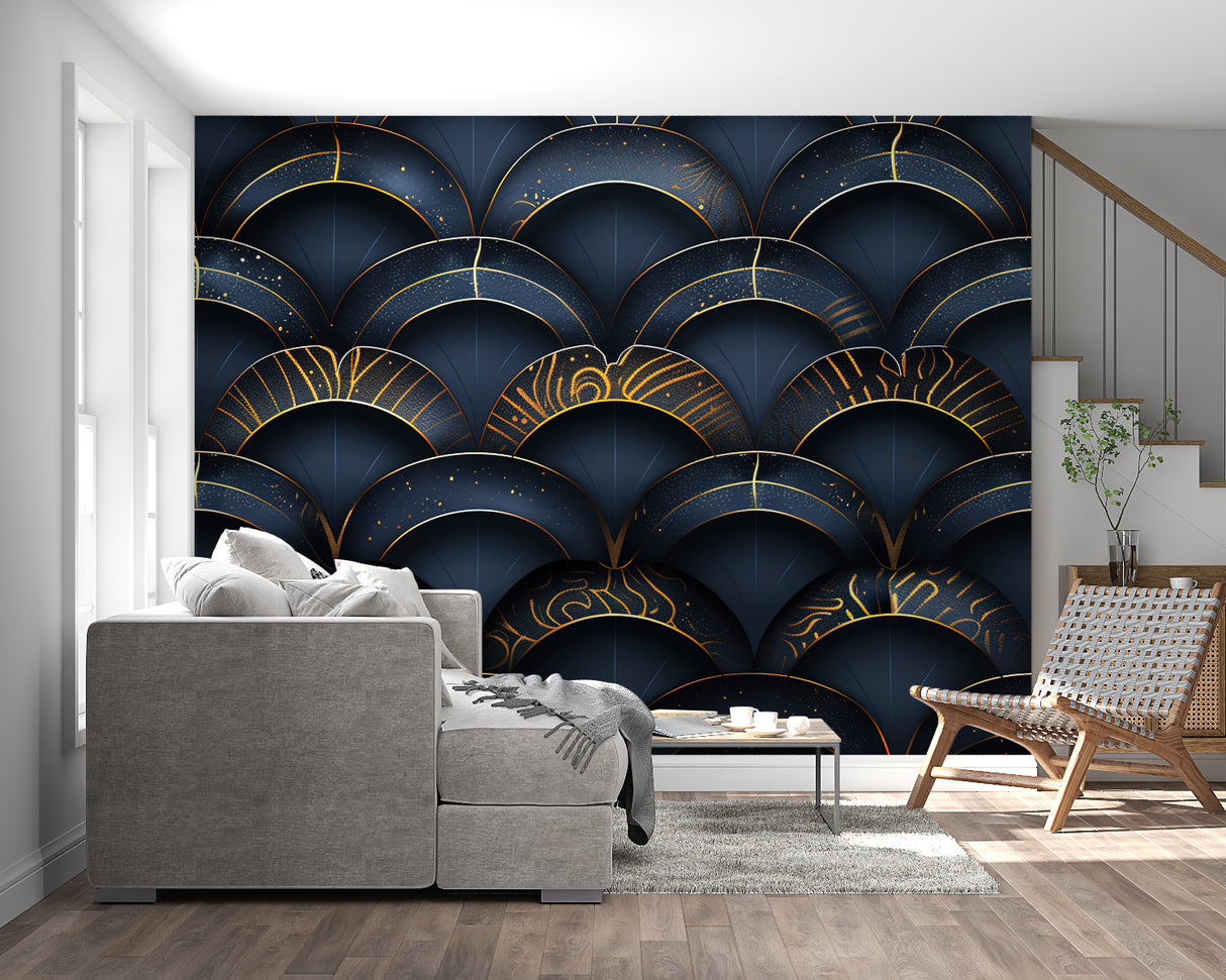 Art deco geometric wallpaper in navy and gold creating drama in modern living room