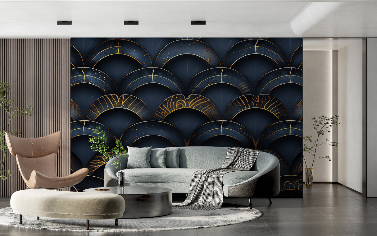 Navy blue and gold art deco wallpaper making statement in dining room