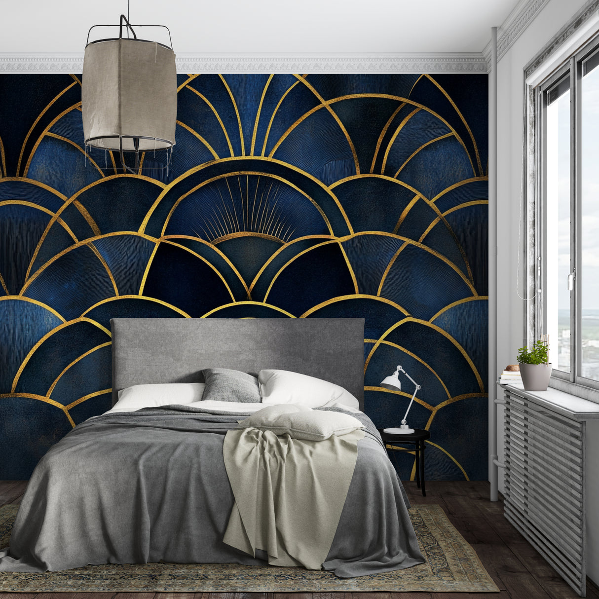 Art deco wall mural in home office featuring navy blue and metallic gold geometric design