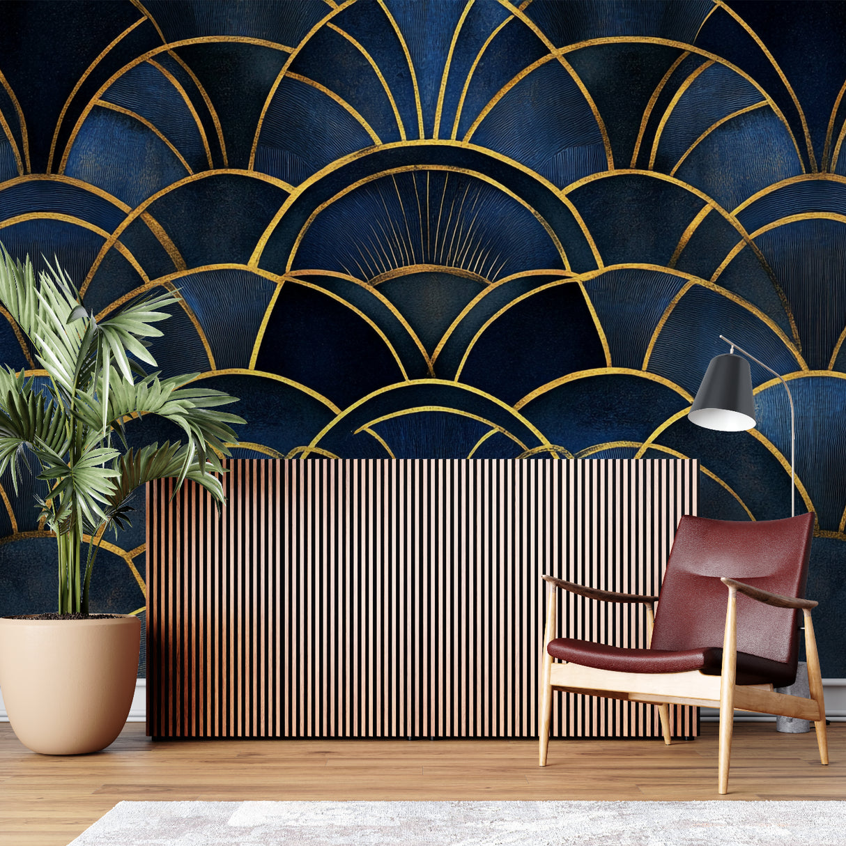 Geometric art deco wallpaper showcased in luxury hotel lobby with navy and gold pattern