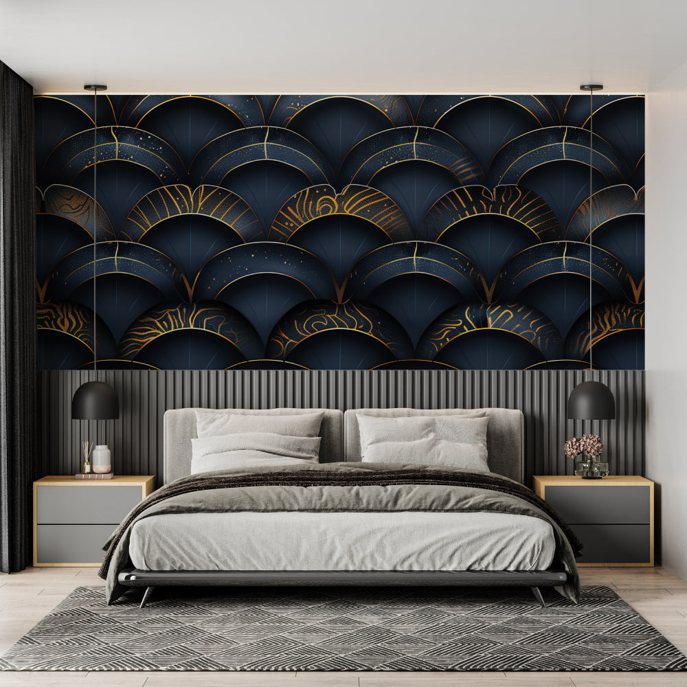 Art deco wall mural in navy and gold transforming hotel lobby