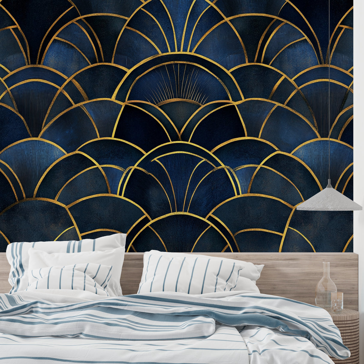 Art deco pattern displayed in modern living room with deep navy blue and gold details