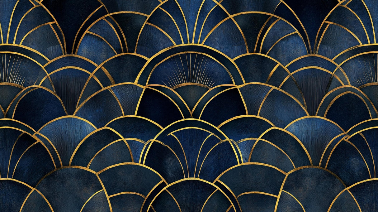 Design file of art deco geometric pattern with navy blue background and gold metallic details