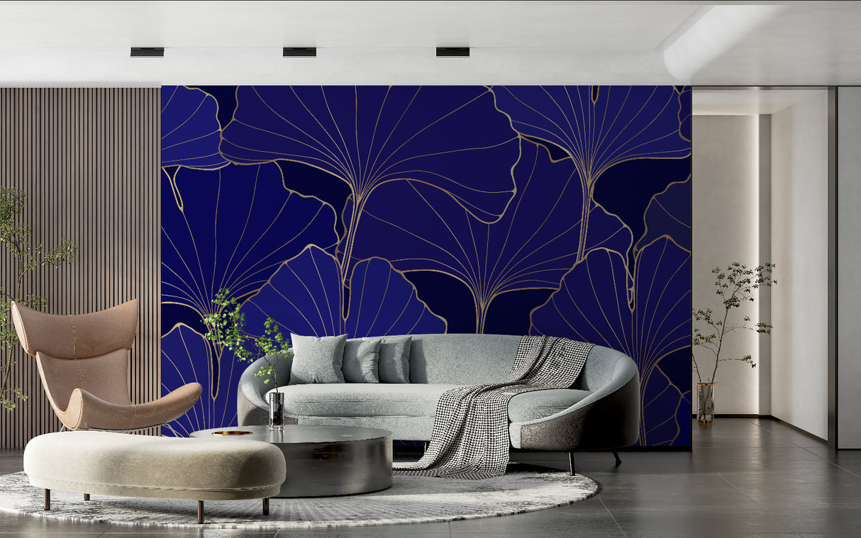 Gold ginkgo leaves wallpaper bringing luxury to master bedroom with deep navy background