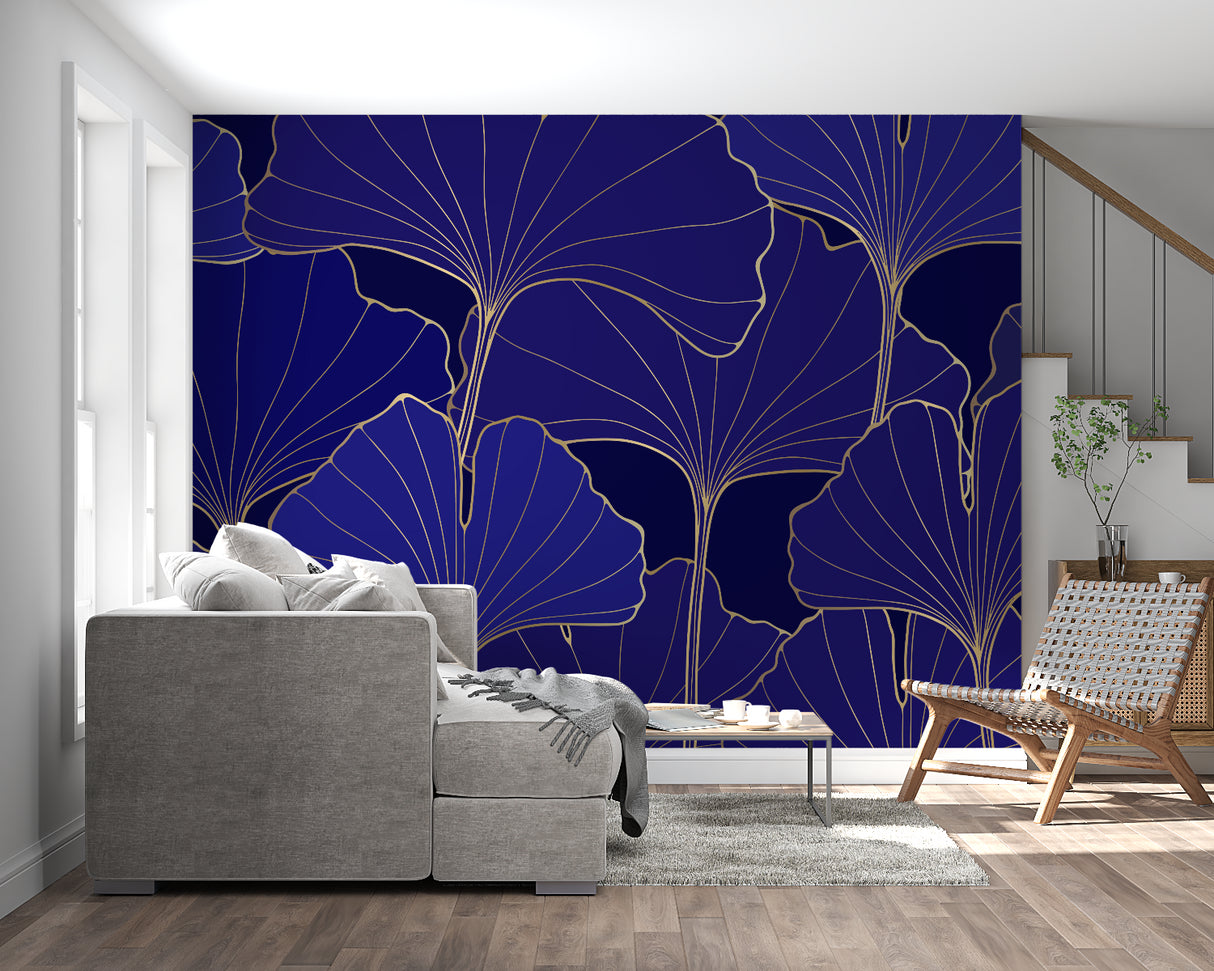 Art Deco ginkgo pattern mural in dining room showing scale and sophistication