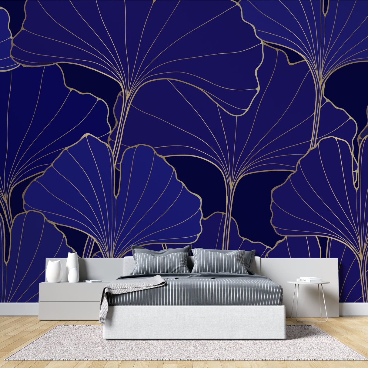 Navy blue and gold wallpaper adding elegance to home office space