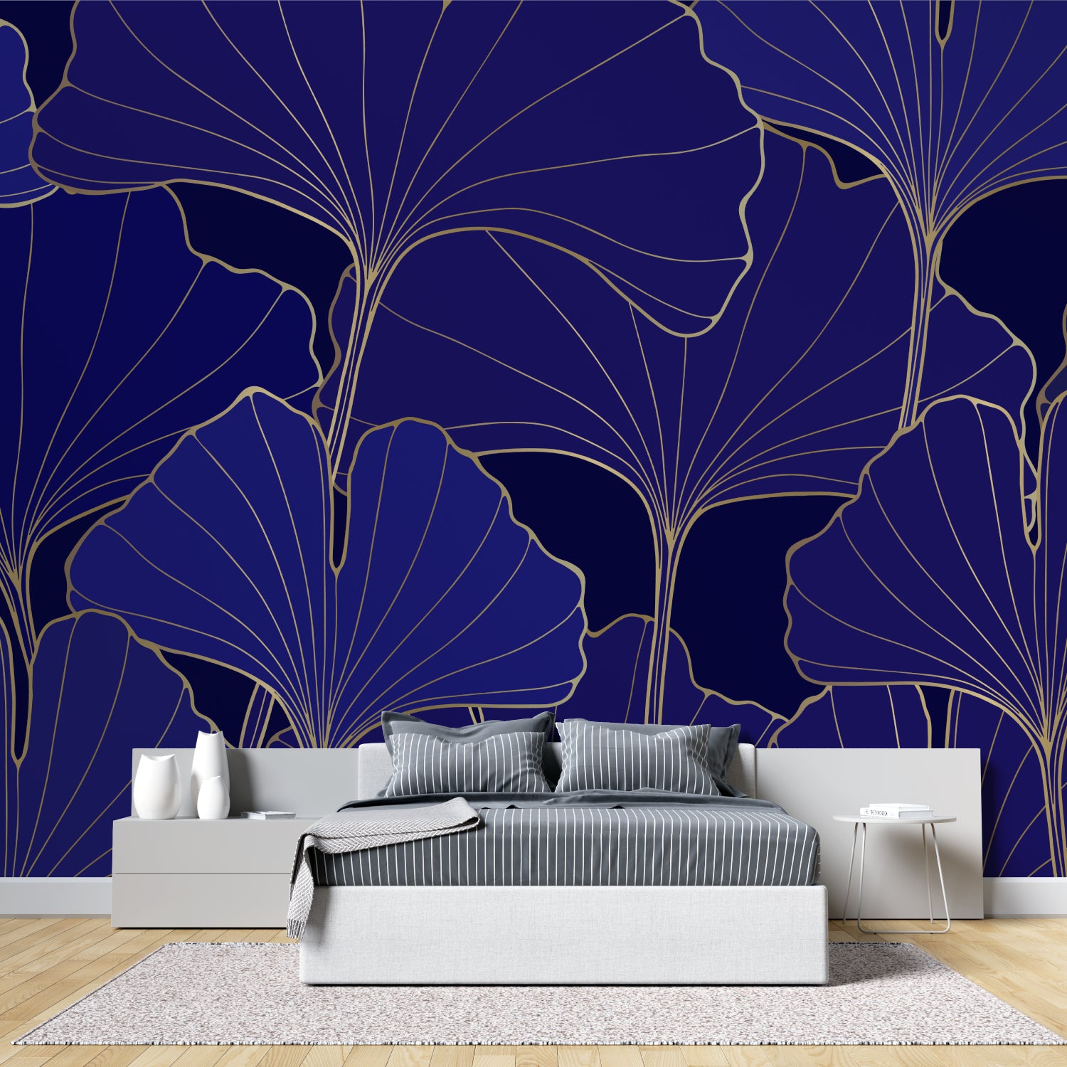 Navy blue and gold wallpaper adding elegance to home office space