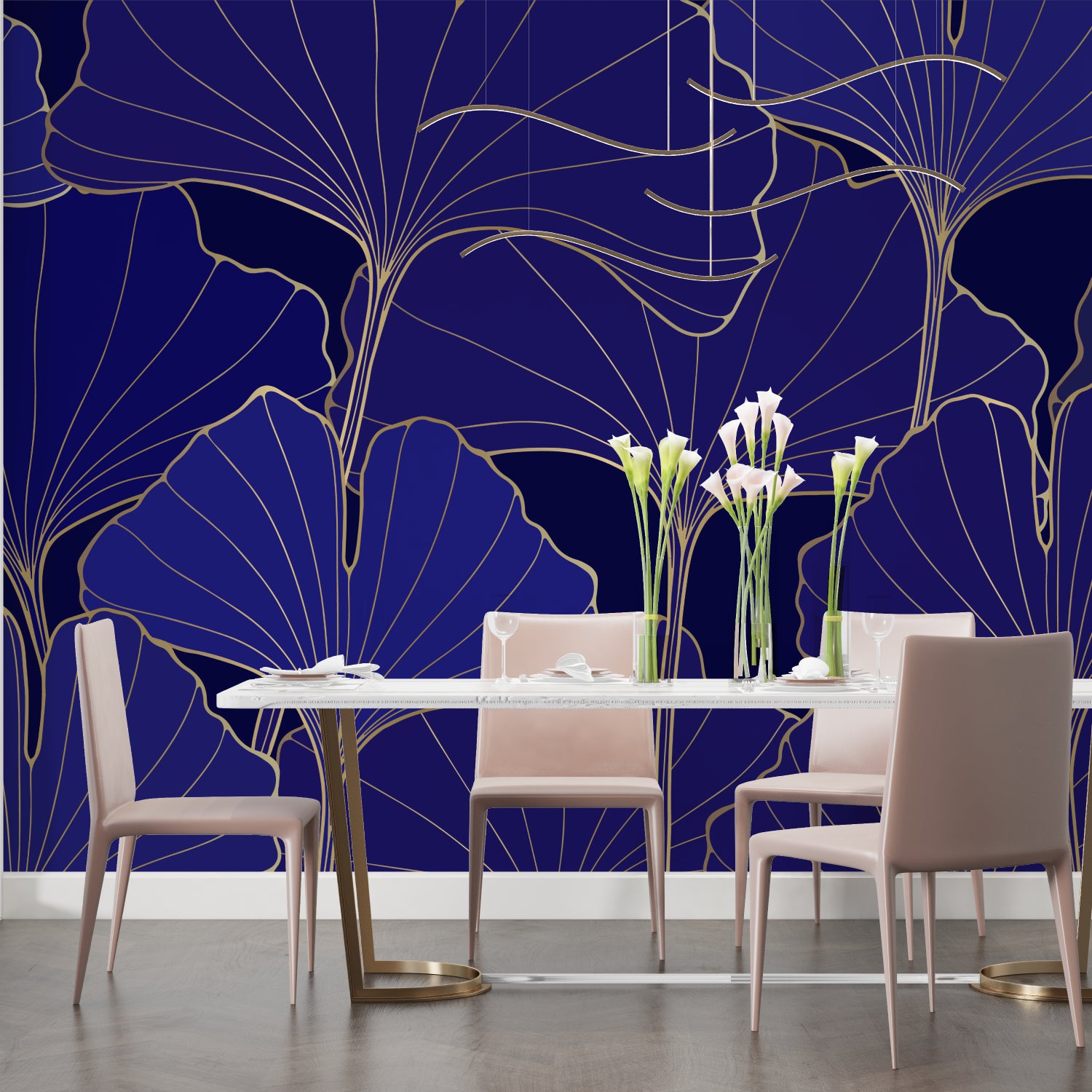 Ginkgo leaves pattern creating stunning feature wall in hotel lobby